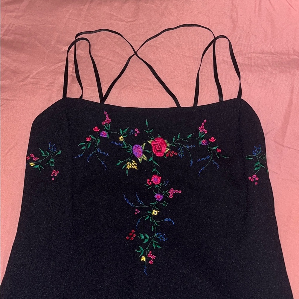 Vintage Floral Embroidered Strappy Little Black Dress size 12